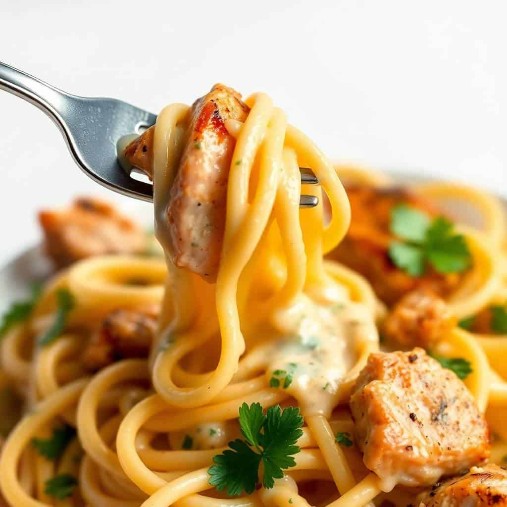 Fork lifting creamy fettuccine alfredo with sliced chicken and fresh parsley garnish from plate.