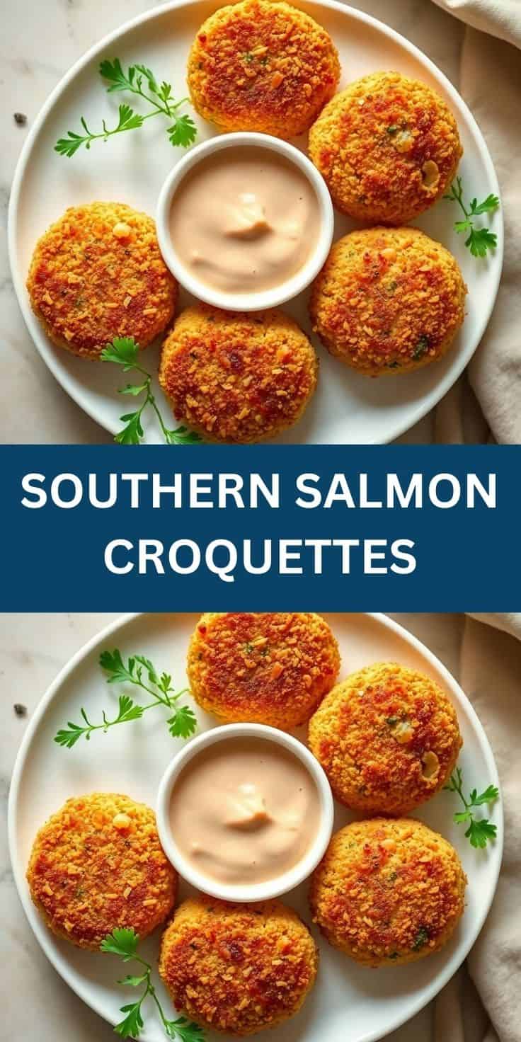Southern salmon croquettes arranged on white plate with creamy sauce and fresh parsley garnish.