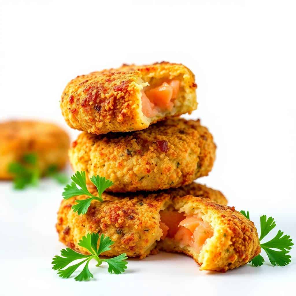 Golden-brown salmon croquettes stacked with fresh parsley garnish and visible orange filling.