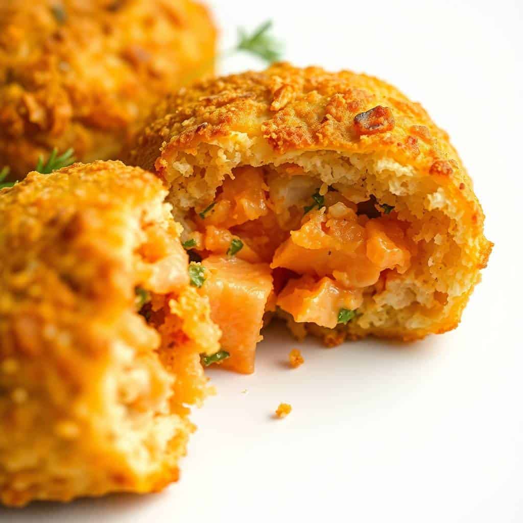Golden-brown salmon croquettes with crispy exterior, white interior visible, garnished with fresh herbs.