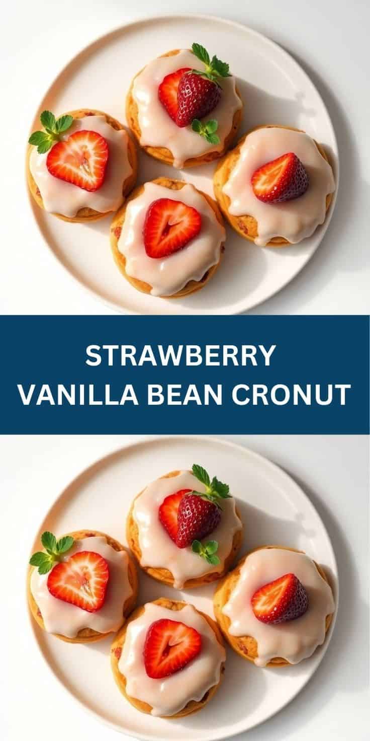 Four strawberry vanilla bean cronuts with white glaze and fresh strawberry slices on a white plate.