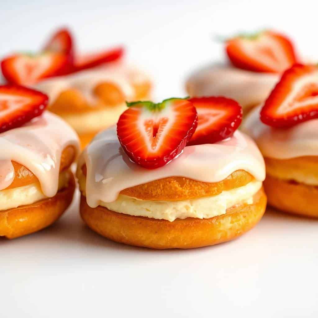 Strawberry vanilla bean cronuts topped with white glaze and fresh strawberry slices on white surface.