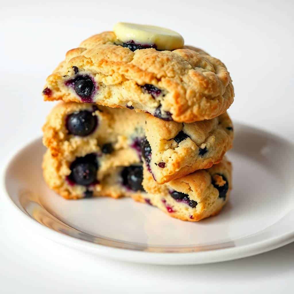 Stacked blueberry biscuits with butter on white plate against neutral background.