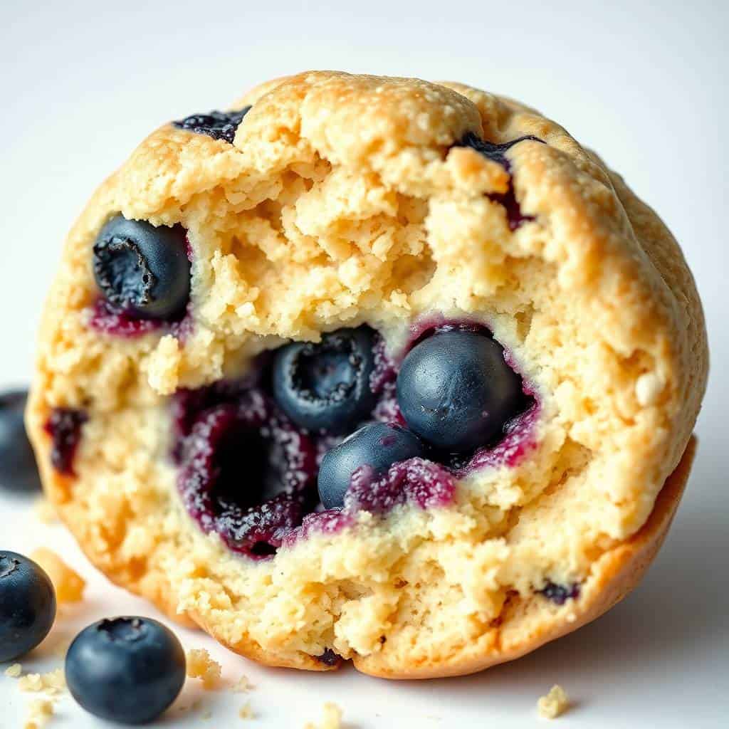A freshly baked blueberry biscuit with visible blueberries and purple jam filling, crumbly golden texture.