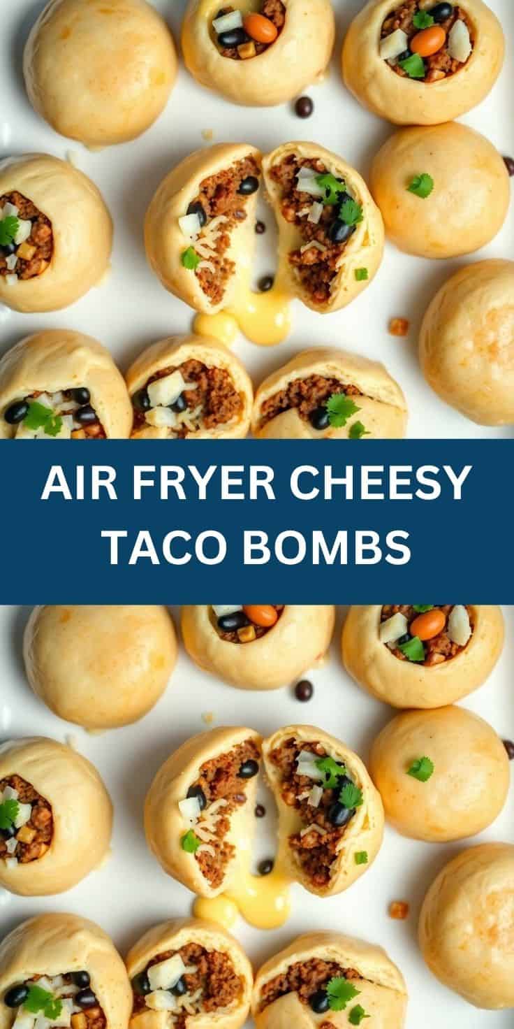 Air fryer cheesy taco bombs with ground beef, black olives, cheese, and cilantro garnish on white surface.