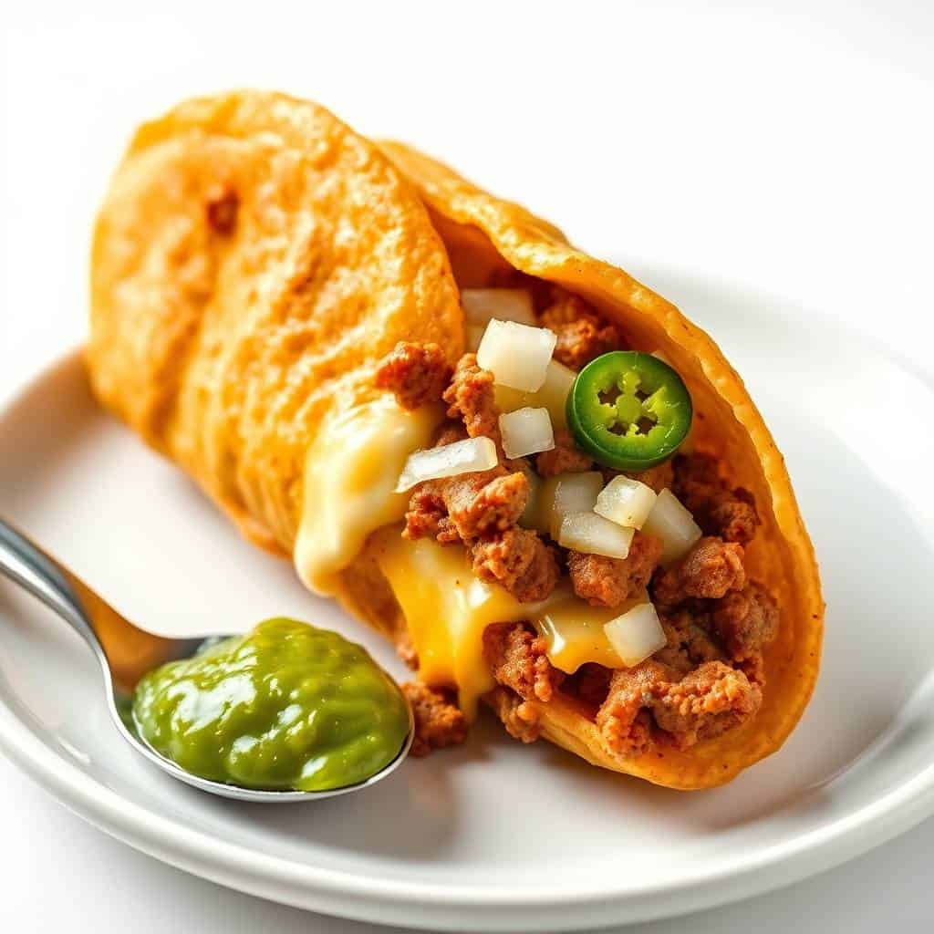 Air fryer cheesy taco bomb with melted cheese, seasoned meat, diced onions, jalapeño slice, served with salsa verde.