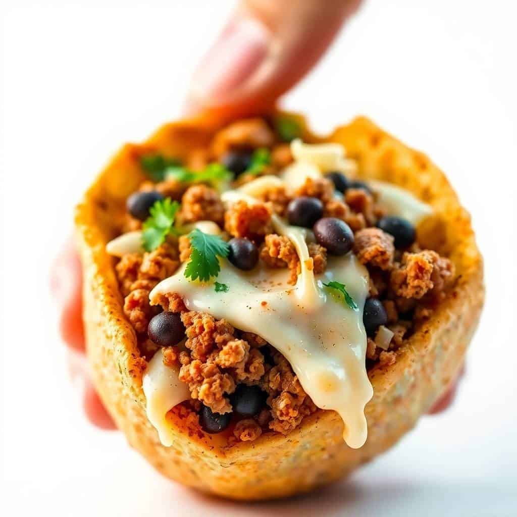 Air fryer cheesy taco bombs with melted cheese, black beans, seasoned meat, and cilantro garnish.