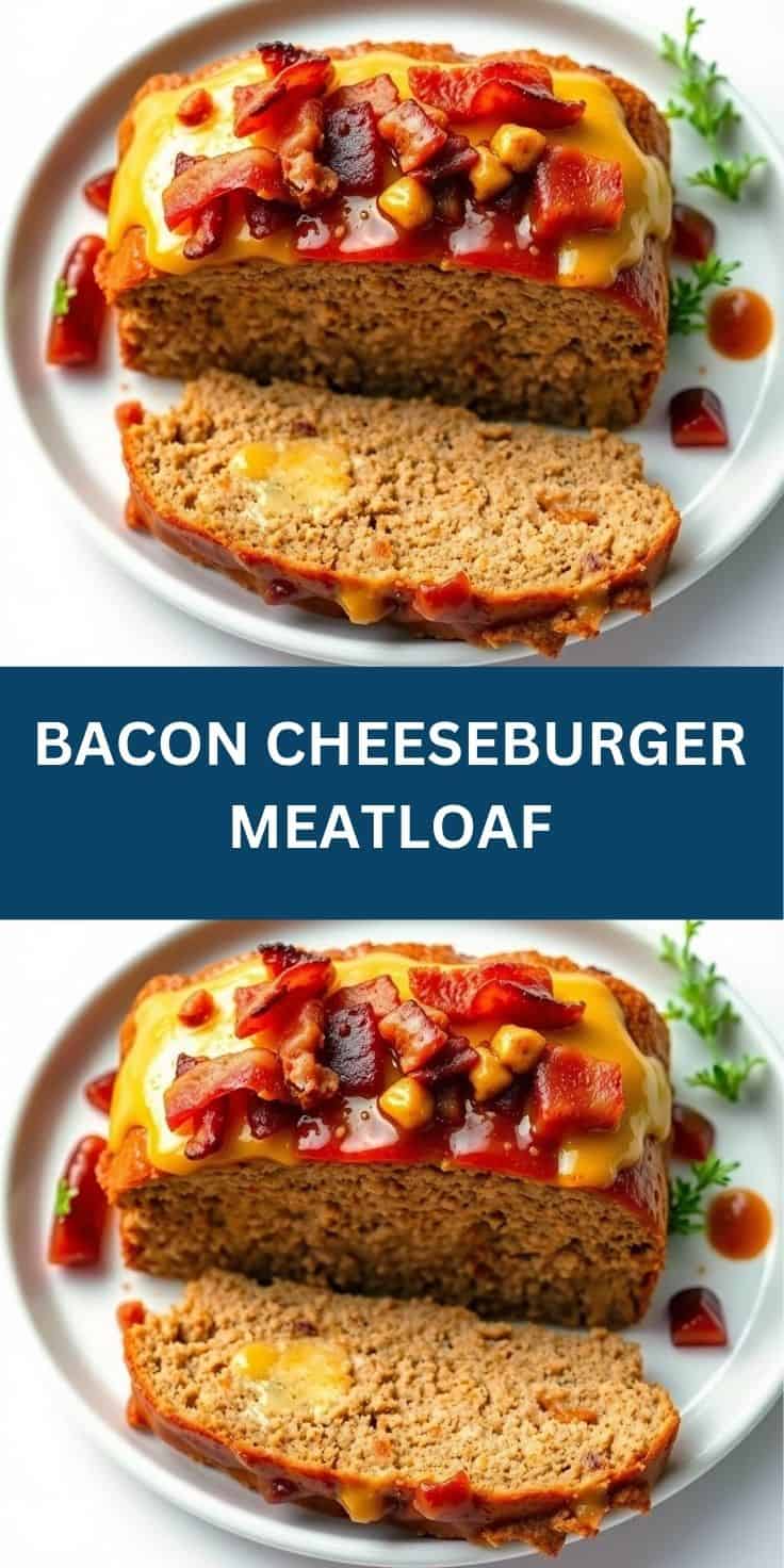 Bacon cheeseburger meatloaf sliced on white plate with melted cheese, bacon, and red peppers on top.