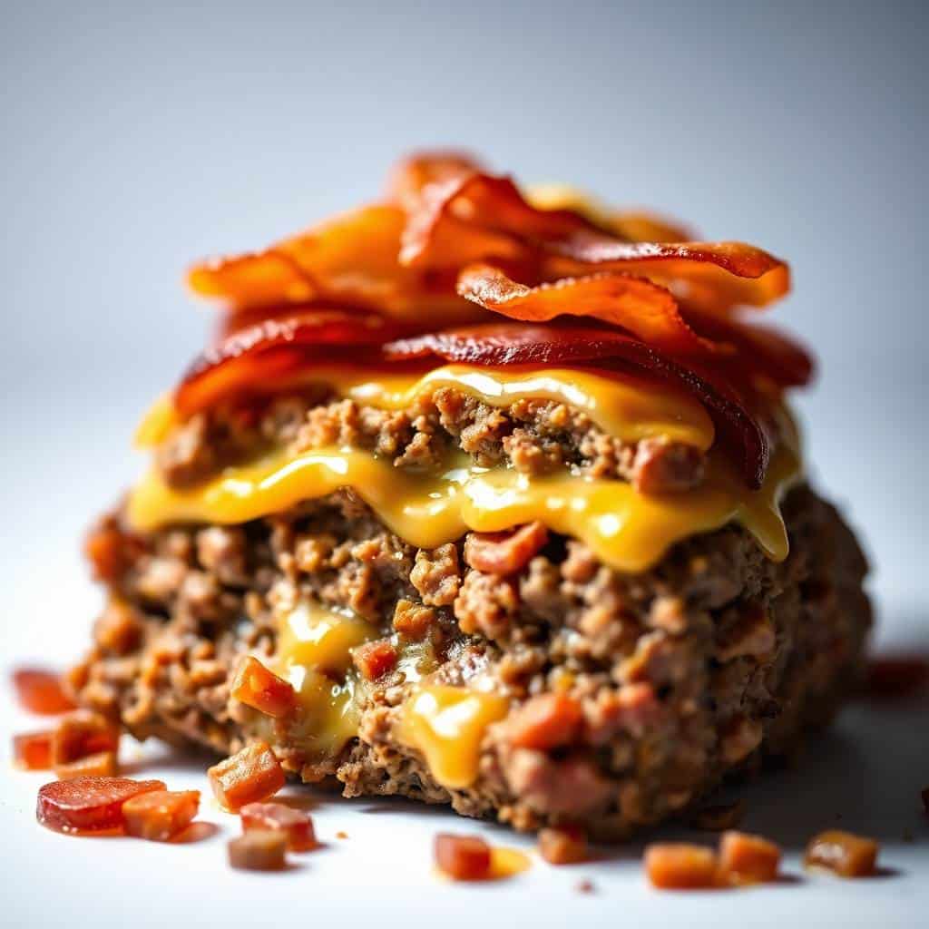 Stacked bacon cheeseburger meatloaf with melted cheese and crispy bacon strips on white surface.