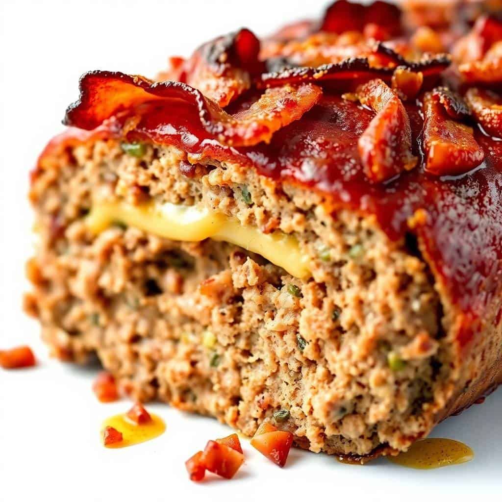 Sliced bacon cheeseburger meatloaf with melted cheese and glossy ketchup glaze on white plate.