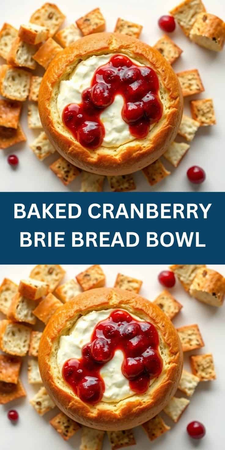 Baked cranberry brie bread bowl surrounded by toasted bread cubes on white surface.