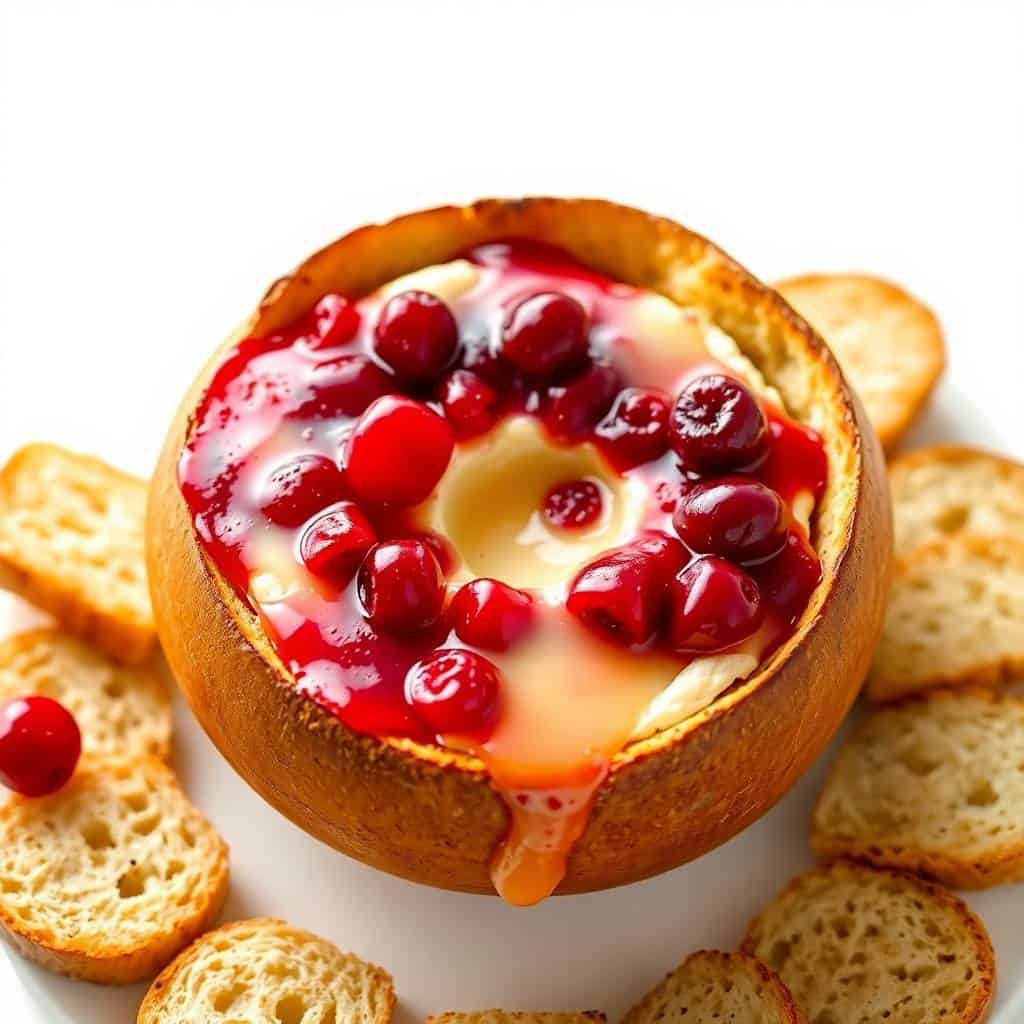 Baked cranberry brie bread bowl with cheese, berries, and crackers on white surface.