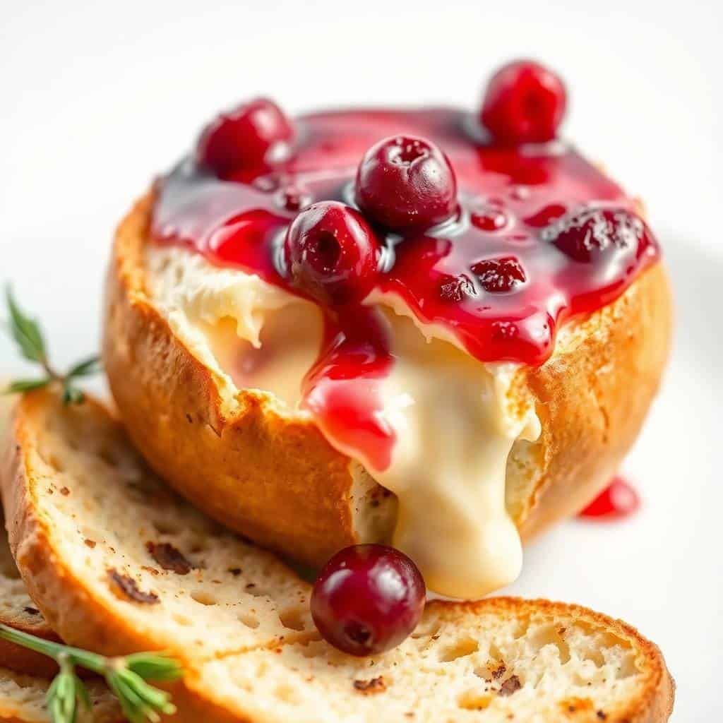 Baked cranberry brie bread bowl with red glaze, melted cheese, and fresh cranberry garnish on sliced bread.