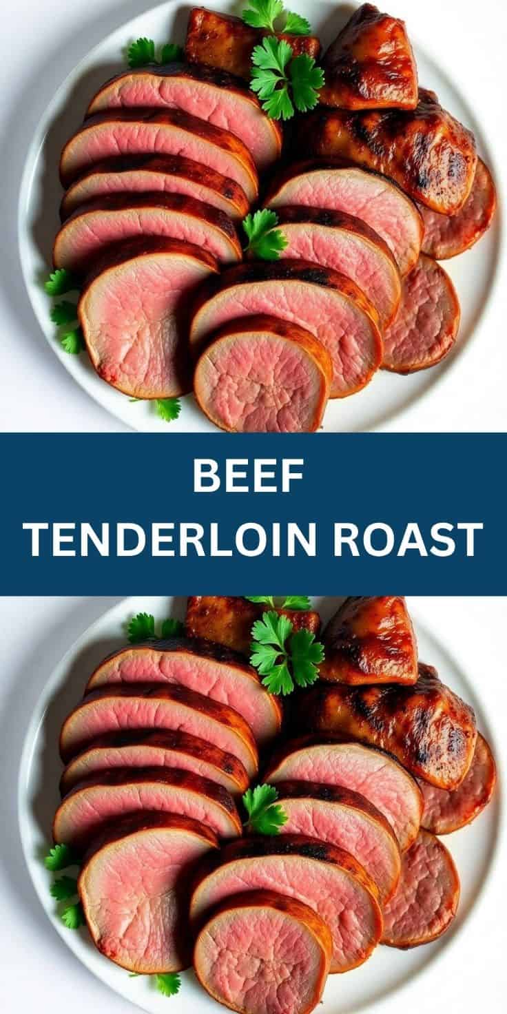 Sliced beef tenderloin roast with pink center, caramelized edges, fresh cilantro garnish on white plate.