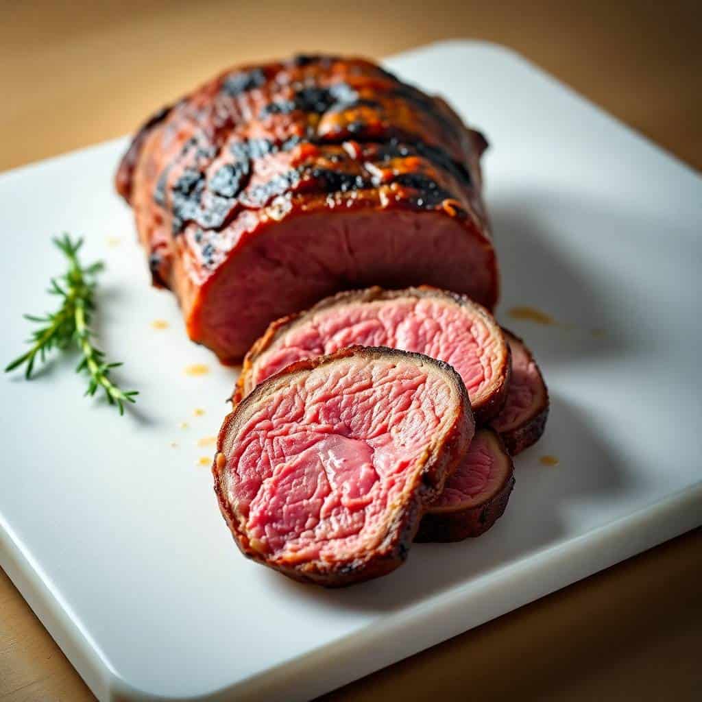 Sliced beef tenderloin roast with pink center on white plate, garnished with rosemary.