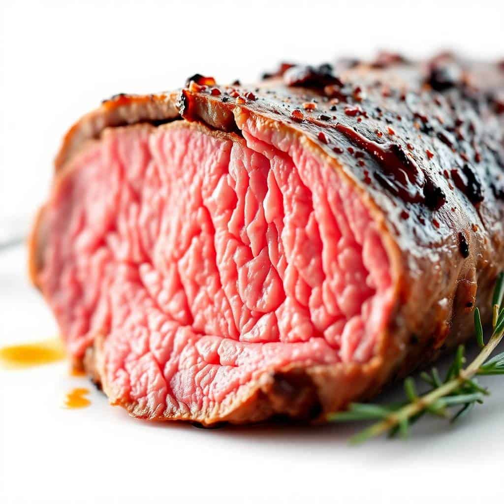 Sliced beef tenderloin roast with pink center, crispy crust, rosemary garnish, and pan drippings.
