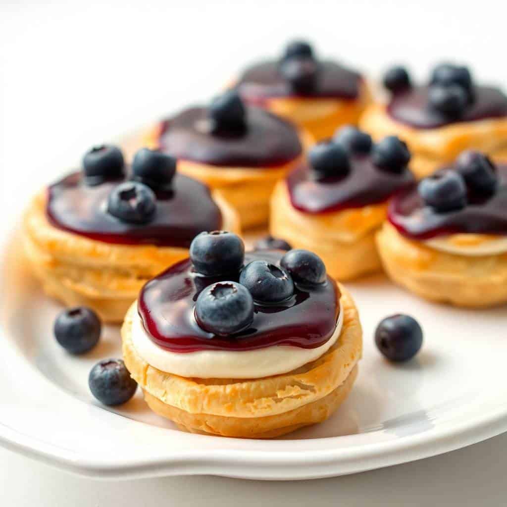 Blueberry cream cheese puff pastry tarts arranged on a white plate with fresh blueberry garnish.