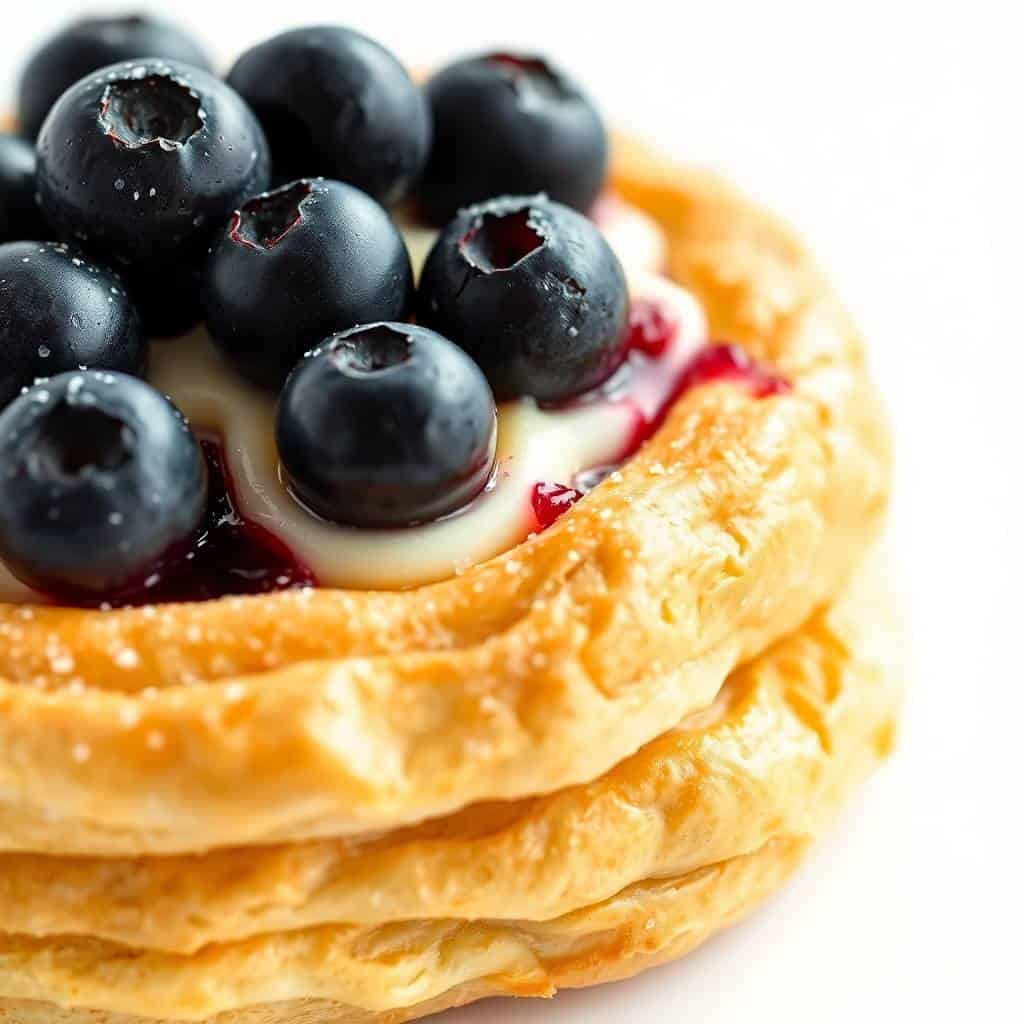 Blueberry cream cheese puff pastry topped with fresh blueberries and red jam on white surface.