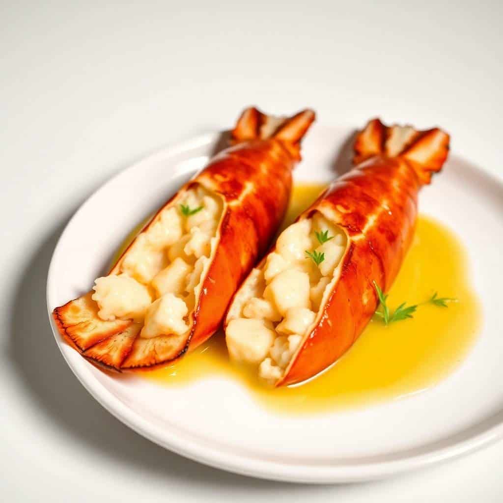 Two butter poached lobster tails with white flesh on white plate, yellow butter sauce, herb garnish.
