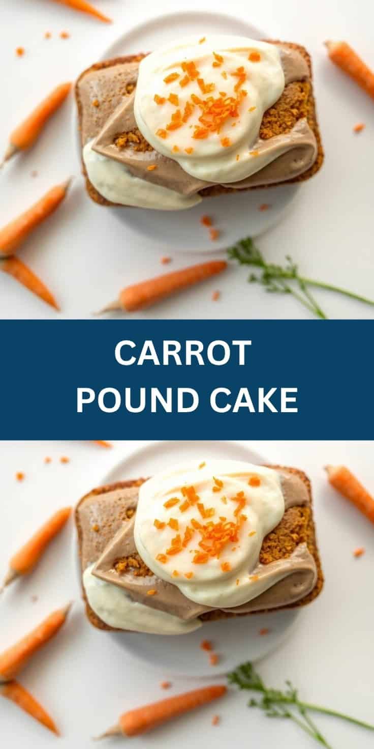 Carrot pound cake slice with cream cheese frosting and candied carrot garnish on white plate.