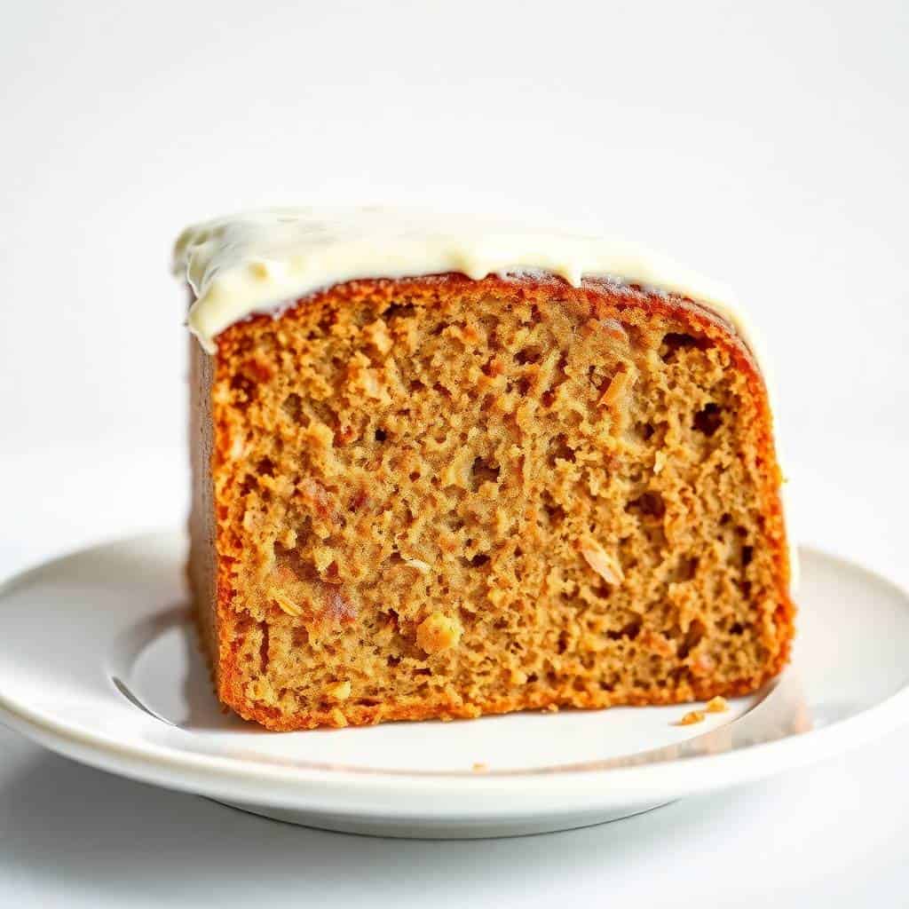Slice of carrot pound cake with cream cheese frosting on white plate against light background.