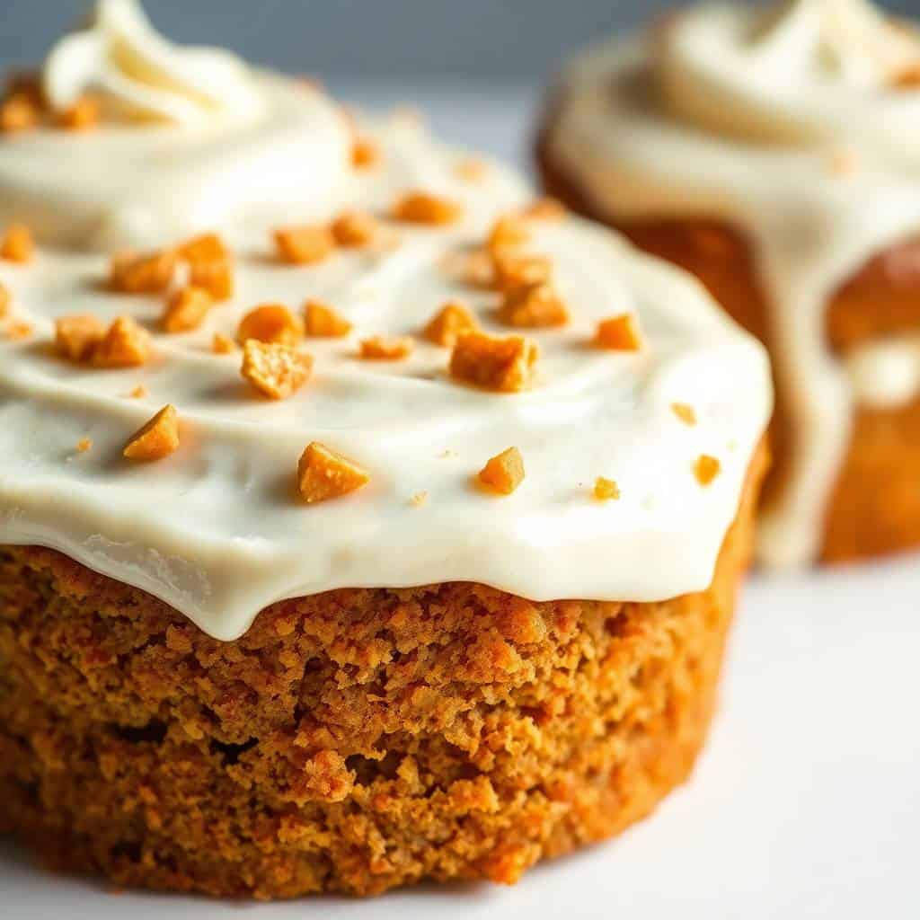 Carrot pound cake slices with cream cheese frosting and candied carrot garnish on white surface.