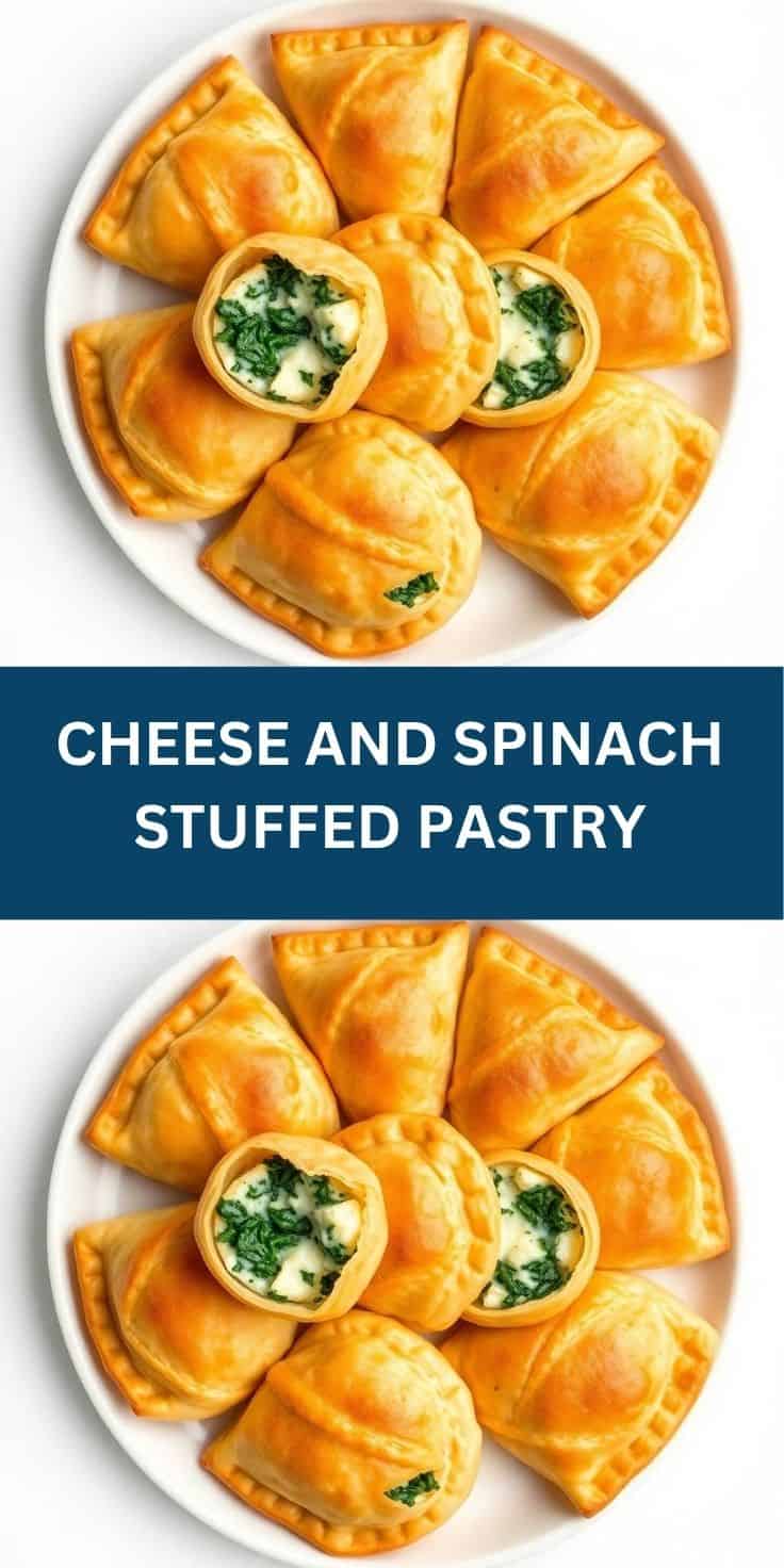 Golden baked cheese and spinach stuffed pastry triangles arranged on a white plate.