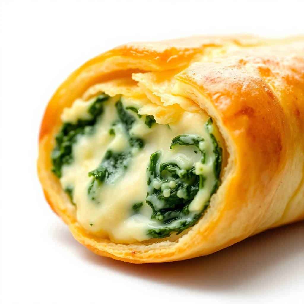 Golden-baked cheese and spinach stuffed pastry roll with melted filling visible inside.