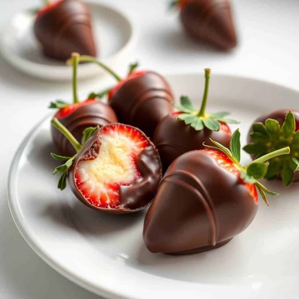 chocolate covered cheesecake strawberries on parchment tray with graham cracker crumbs