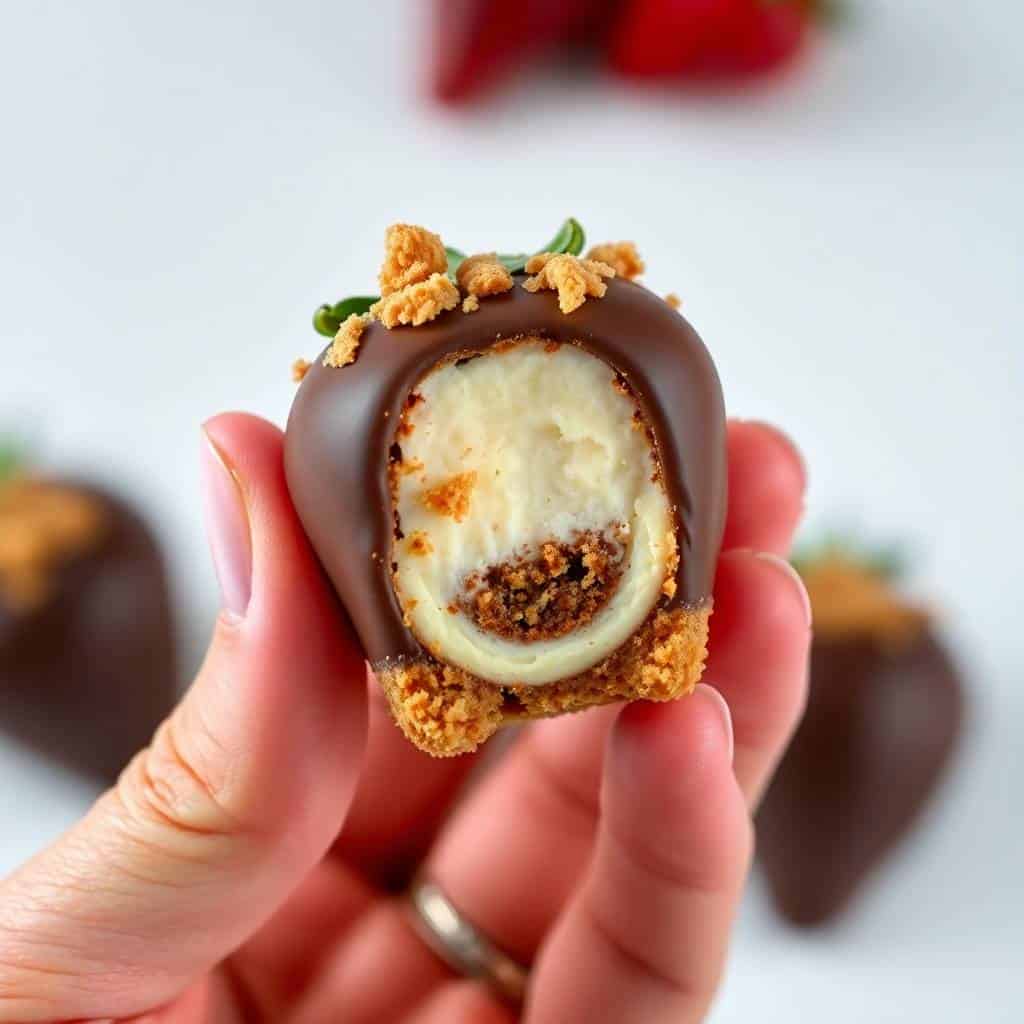 chocolate covered cheesecake strawberries close up with white chocolate drizzle