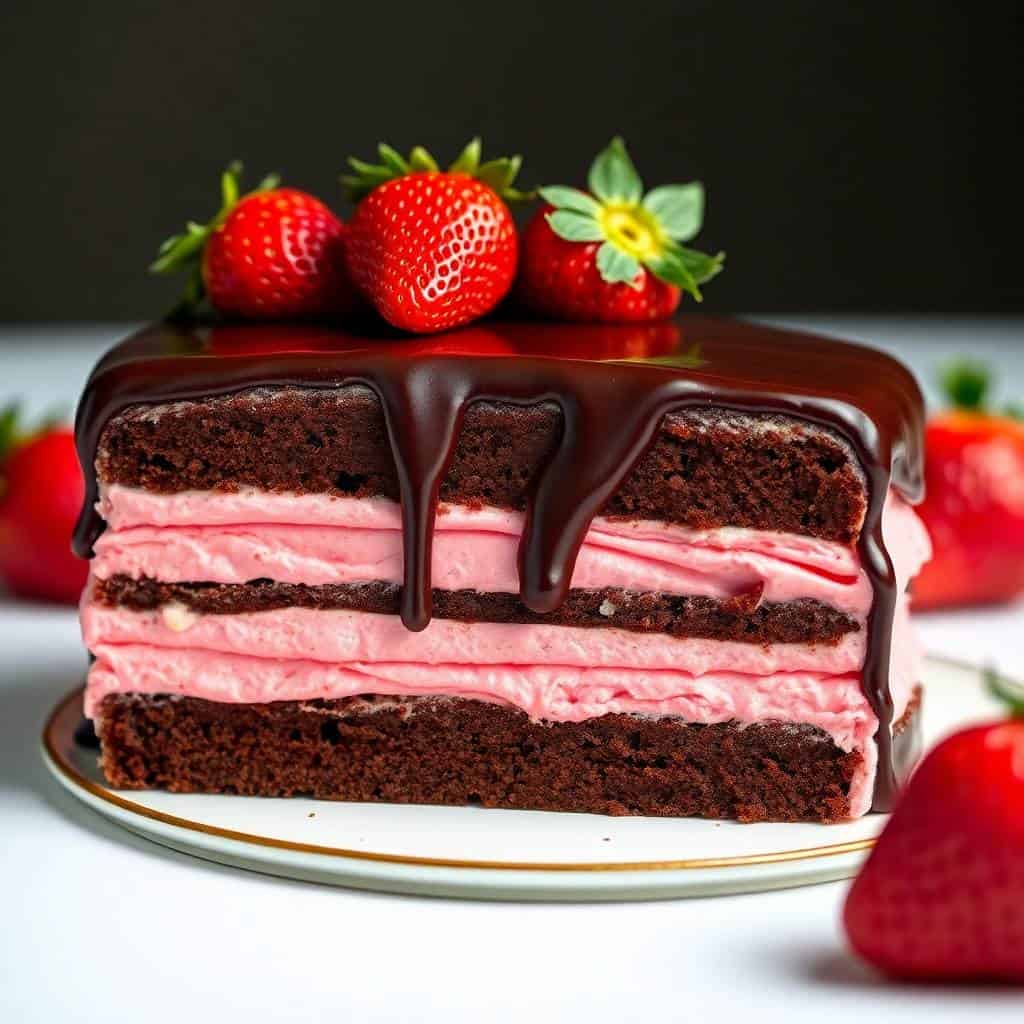 chocolate covered strawberry layer cake sliced showing layers