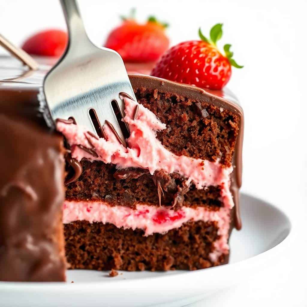 chocolate covered strawberry layer cake whole with chocolate dipped strawberries on top
