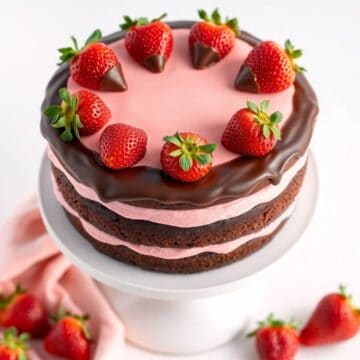 chocolate covered strawberry layer cake slice on plate