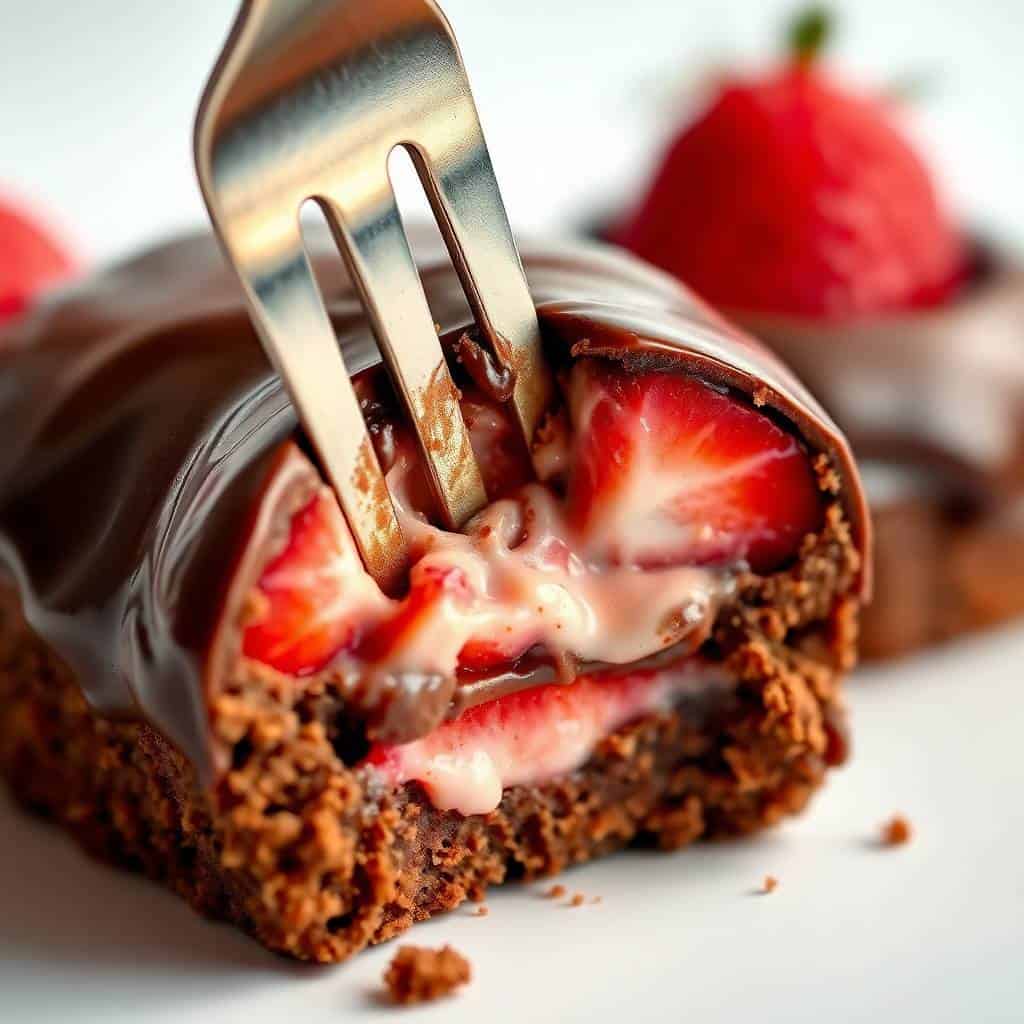 chocolate covered strawberry mini cakes close up with ganache finish