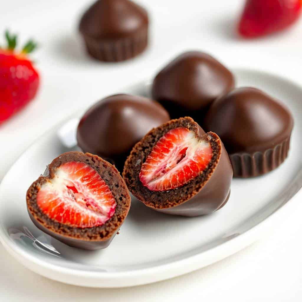 chocolate covered strawberry mini cakes on wire rack with ganache dripping