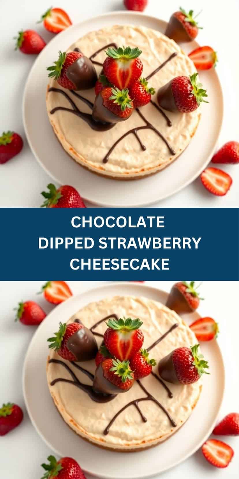 Chocolate dipped strawberry cheesecake on white plate with fresh strawberries and chocolate drizzle.