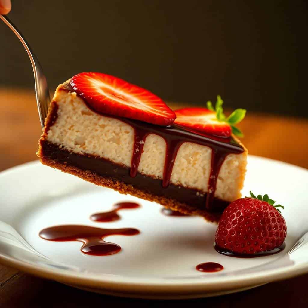 Chocolate dipped strawberry cheesecake slice on white plate with berry garnish and chocolate drizzle.