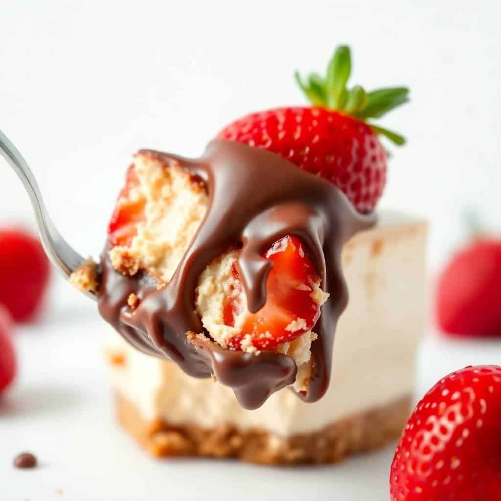 Chocolate dipped strawberry cheesecake slice on fork with fresh strawberries and creamy filling visible.