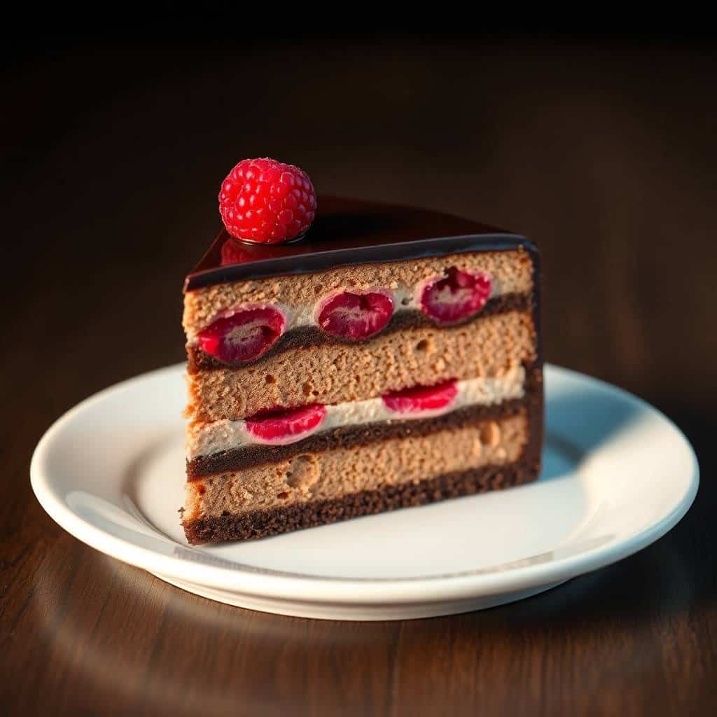 Layered chocolate raspberry mousse cake slice with dark ganache glaze and fresh raspberry garnish on white plate.
