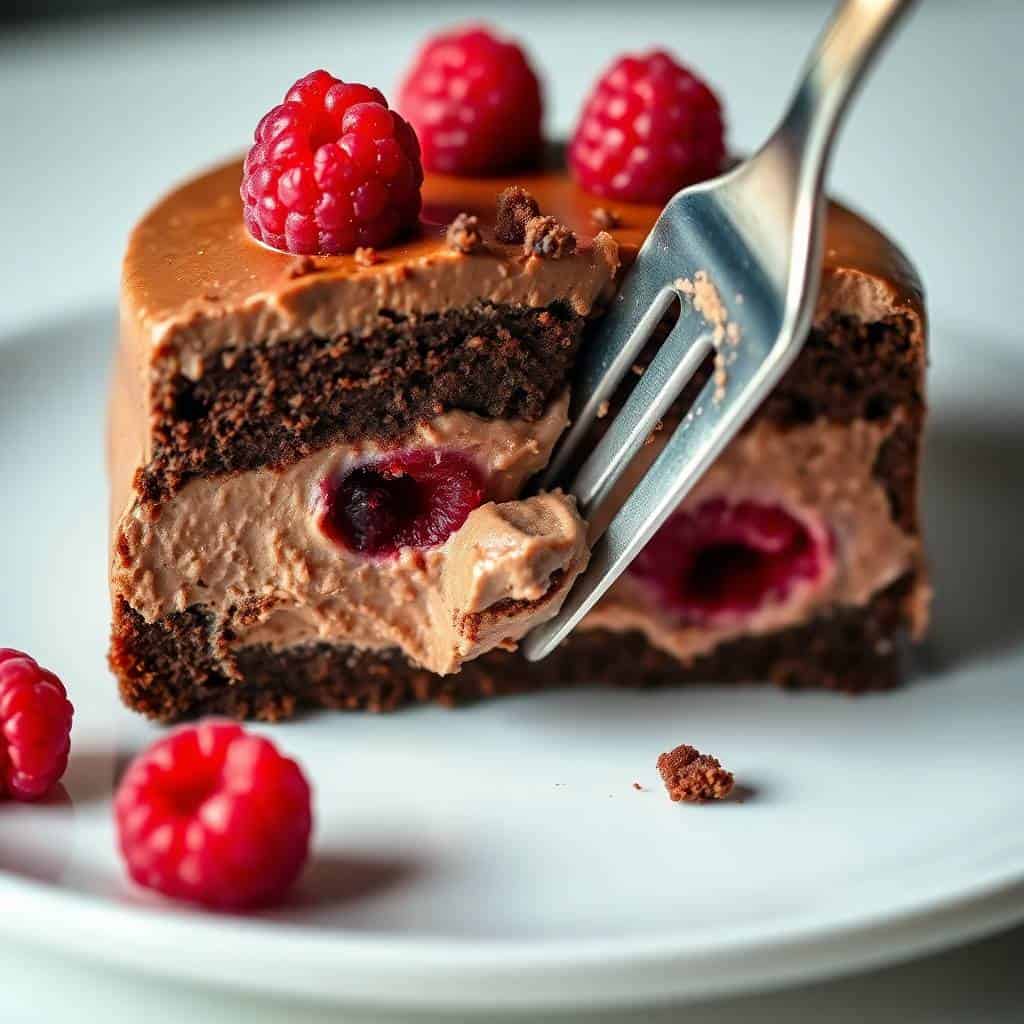 Chocolate raspberry mousse cake slice with fresh raspberries and fork on white plate.