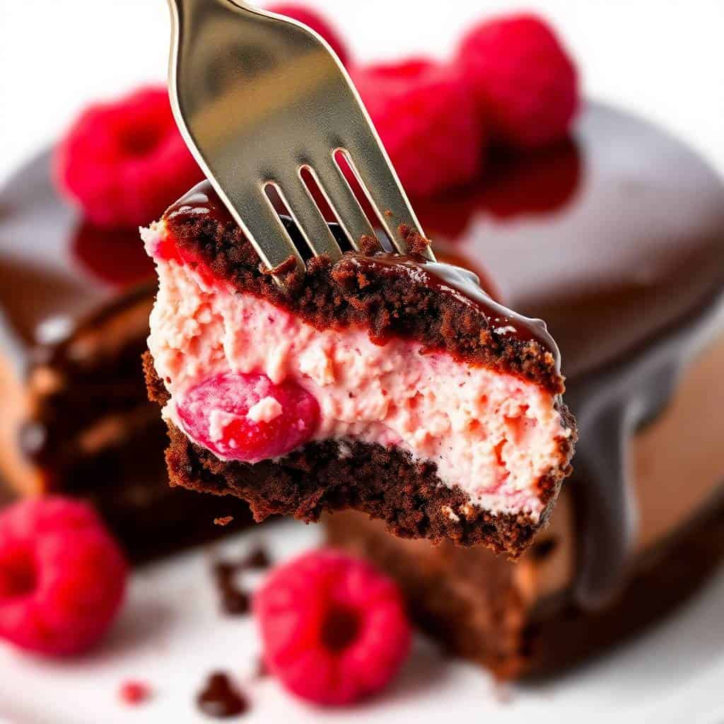 Chocolate raspberry mousse cake slice on fork with fresh raspberries and blurred cake in background.