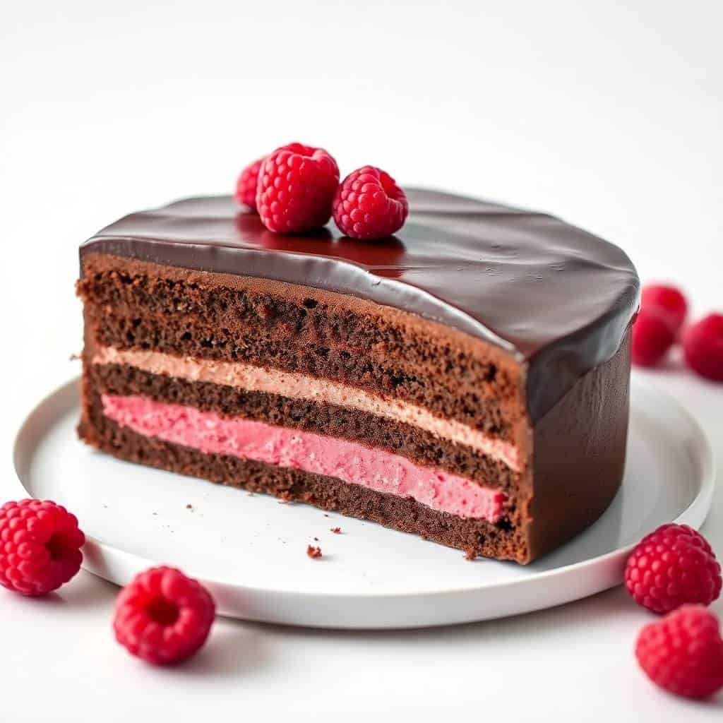 Chocolate raspberry mousse cake slice on white plate with fresh raspberries and glossy chocolate ganache.