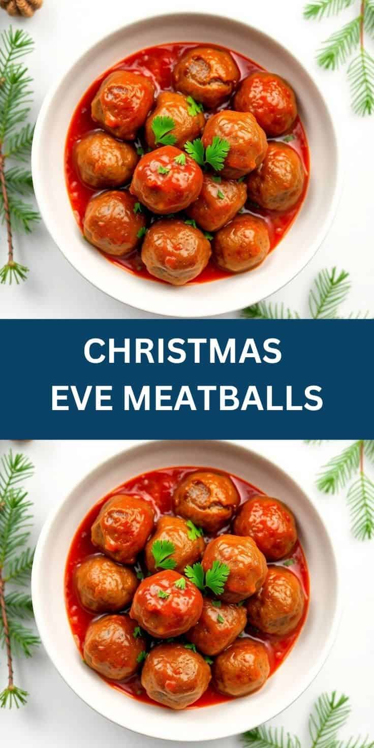 Christmas Eve meatballs in red sauce, garnished with parsley, served in white bowls.