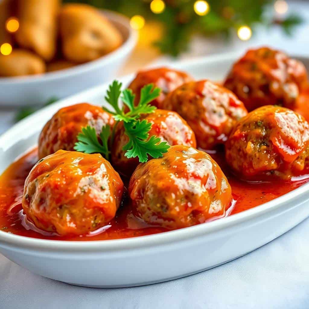 Glazed meatballs in red sauce garnished with parsley on white plate, festive setting.