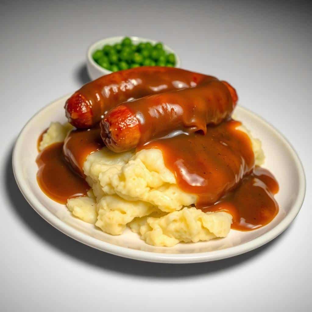 Bangers and mash plated on white dish with gravy, mashed potatoes, peas garnish.