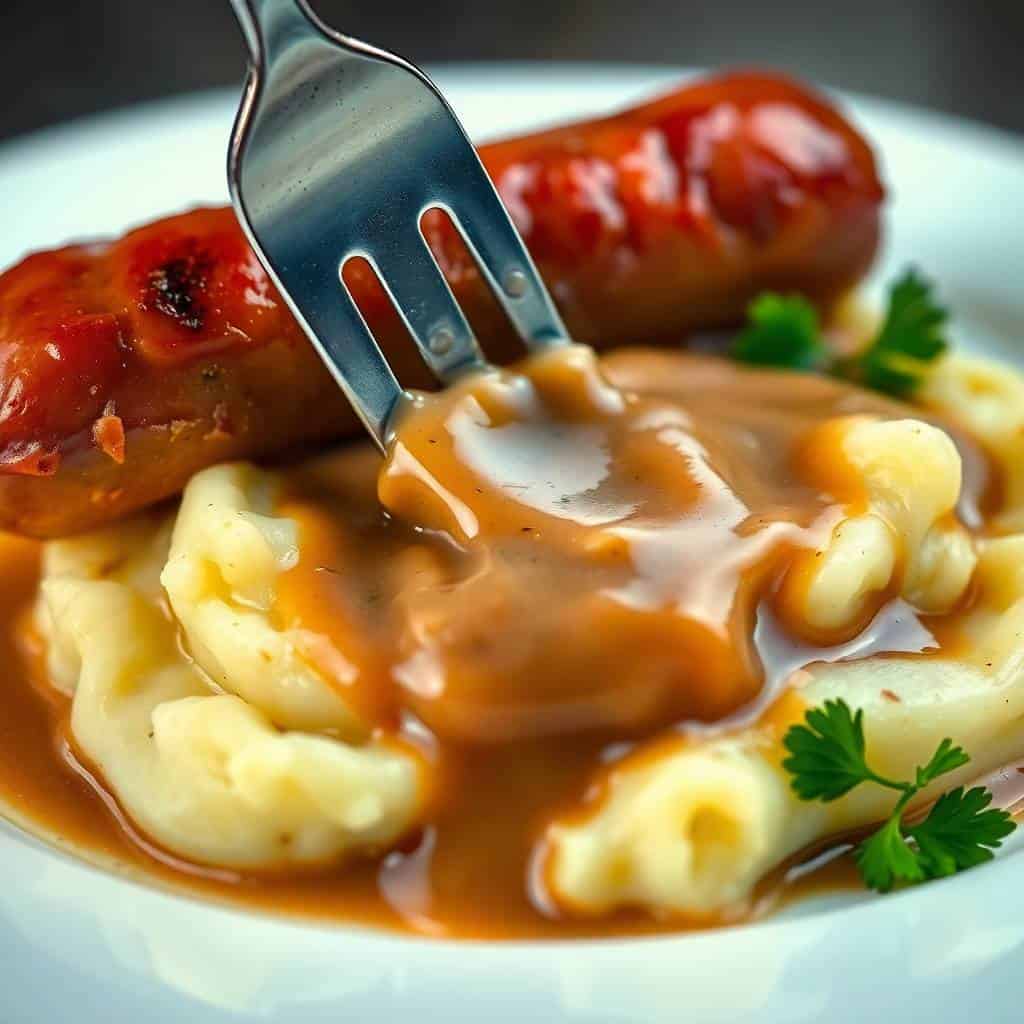 Bangers and mash with fork cutting into sausage, creamy mashed potatoes, rich gravy, and fresh parsley garnish.