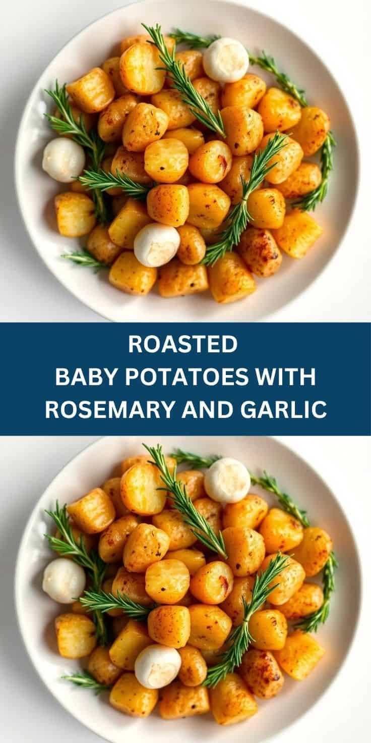 Golden roasted baby potatoes with rosemary sprigs and garlic cloves on white plate.