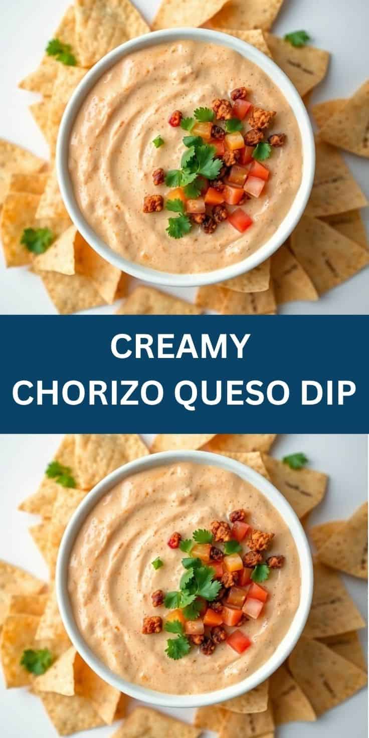 Creamy chorizo queso dip in white bowl garnished with cilantro, red peppers, and crispy chorizo bits, surrounded by tortil...
