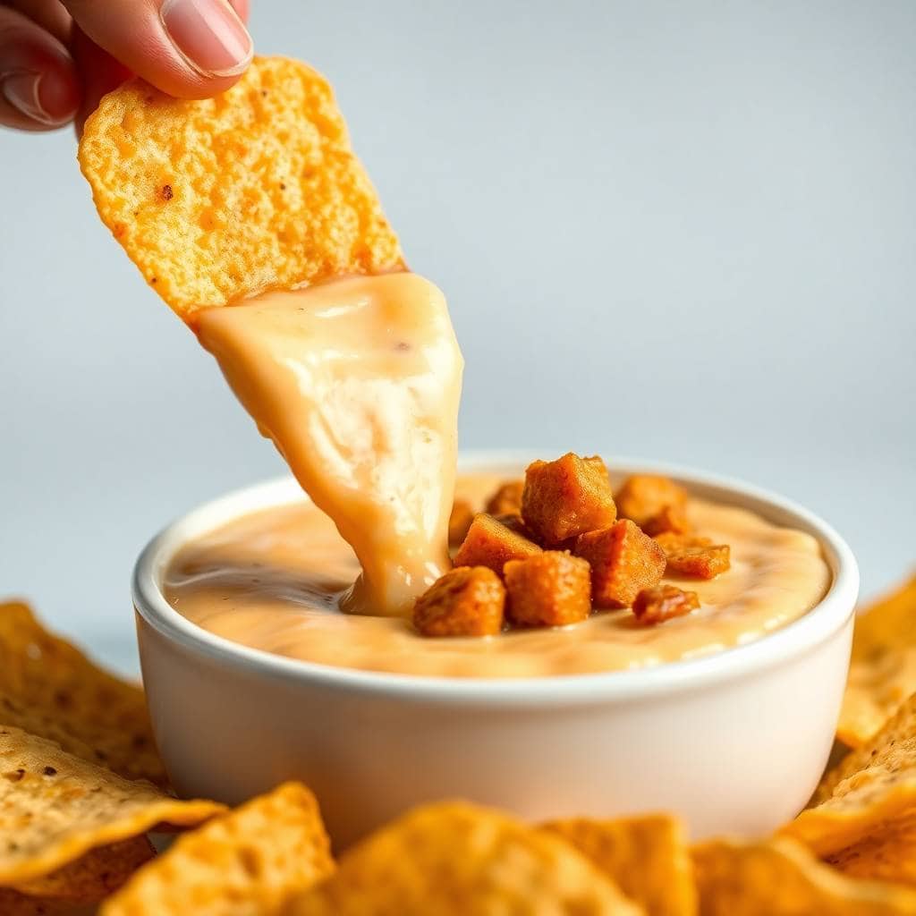 Hand dipping tortilla chip into creamy chorizo queso dip garnished with crispy chorizo pieces in white bowl.