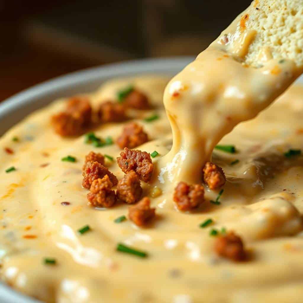 Creamy chorizo queso dip in white bowl with crispy chorizo bits and fresh chive garnish, with tortilla chip dipping.
